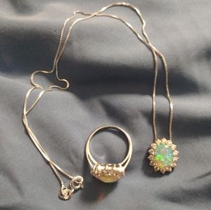 2 PCS SET🎁OPAL & STERLING SILVER WITH DIAMONDS💍Necklace & Ring Set